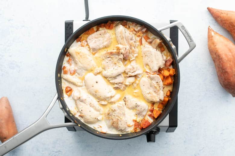 skillet for butter chicken rice bowl