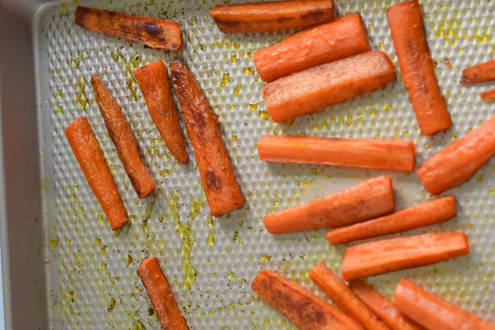 baby led weaning carrots on baking sheet