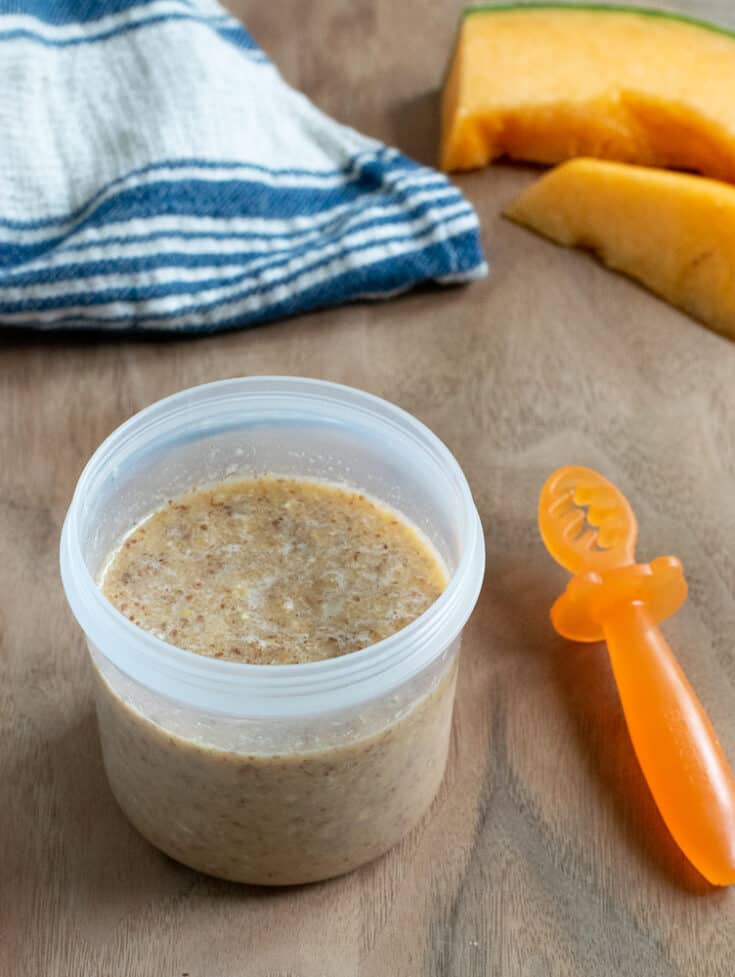 cantaloupe puree in plastic container with baby spoon