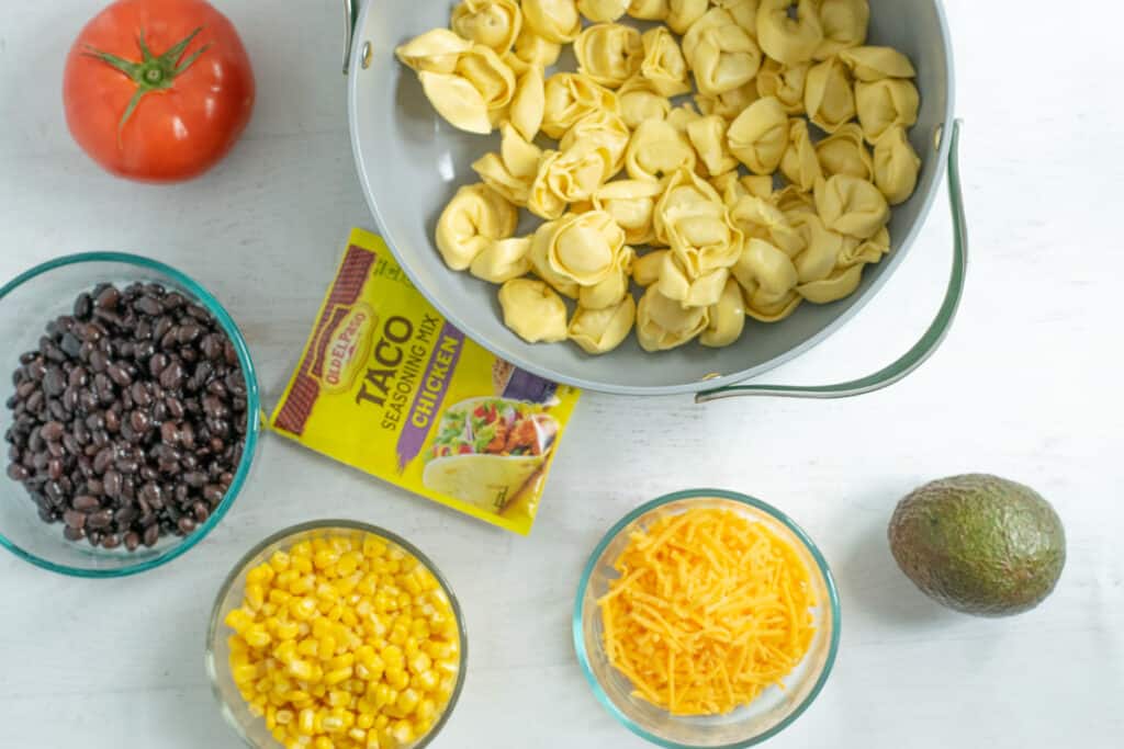 ingredients on table for tortellini salad