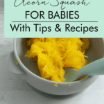 baby acorn squash serving in bowl with text overlay