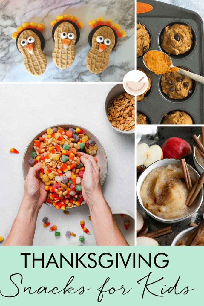 collage of thanksgiving snack ideas for kids and toddlers.