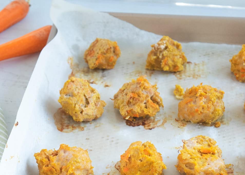baking sheet with toddler chicken meatballs