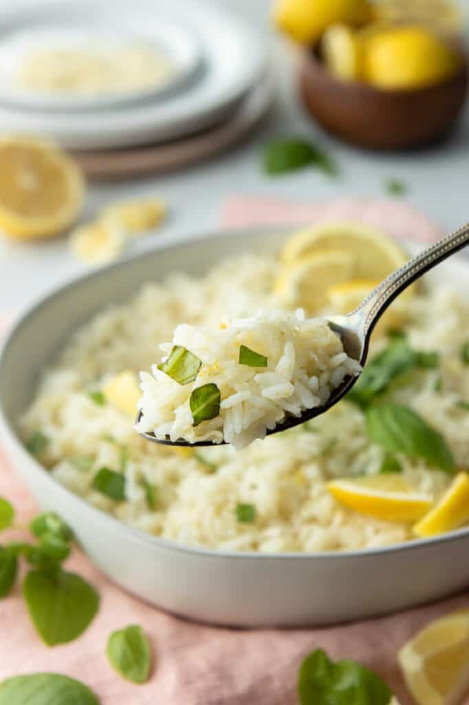 basil lemon rice on spoon