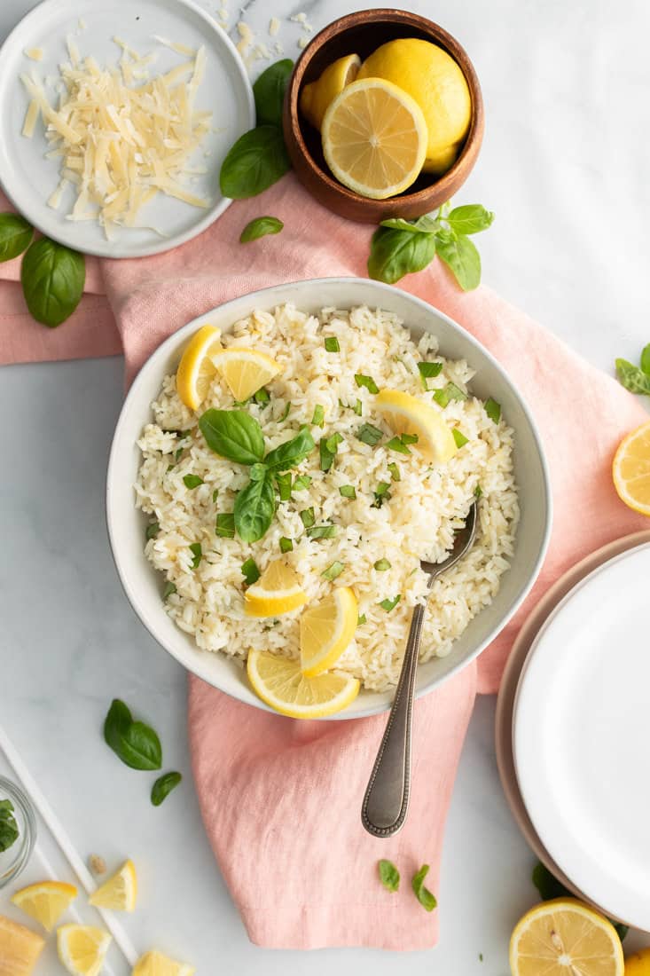 lemon basil rice in white bowl