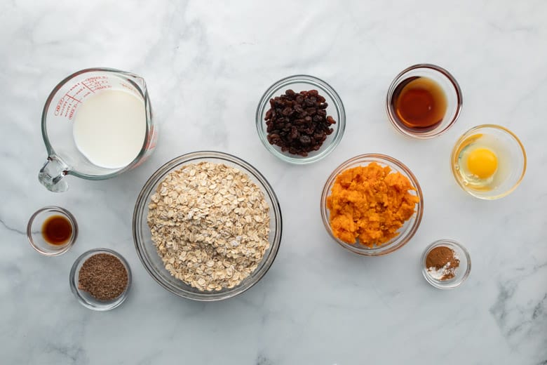 ingredients in separate bowls to make sweet potato breakfast bars
