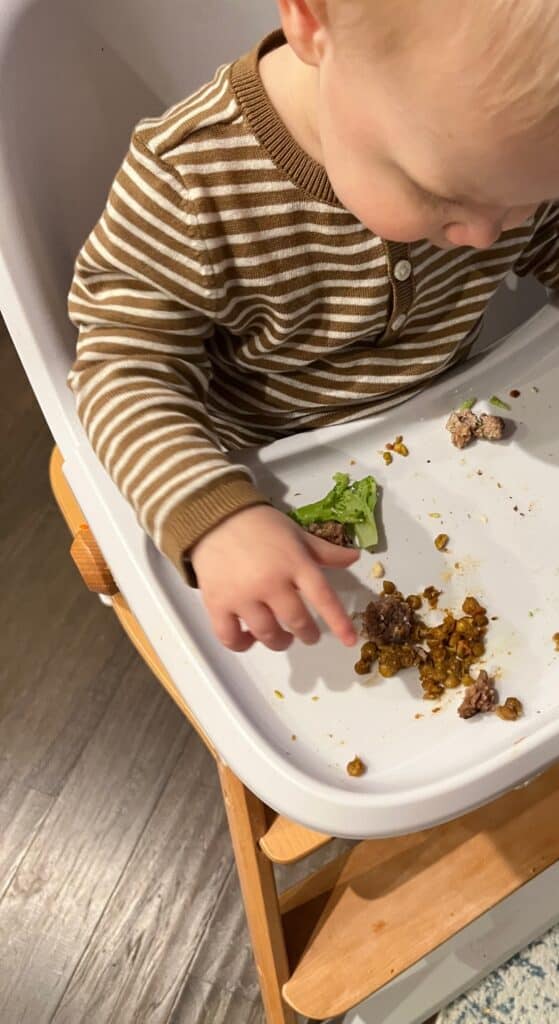 1 year old baby eating lentils and broccoli on tray