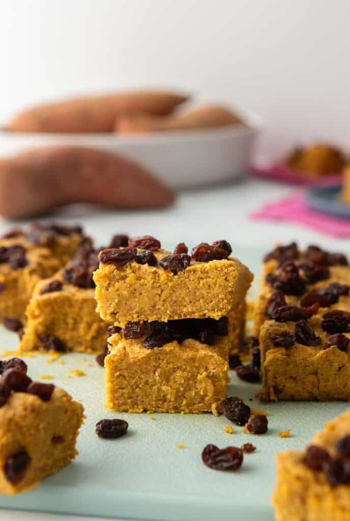sweet potato oatmeal bars stacked on each other