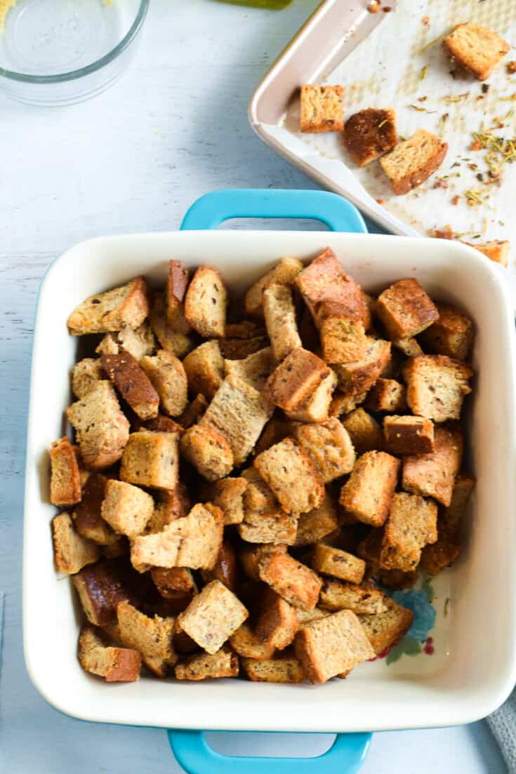 whole grain croutons in baking pan