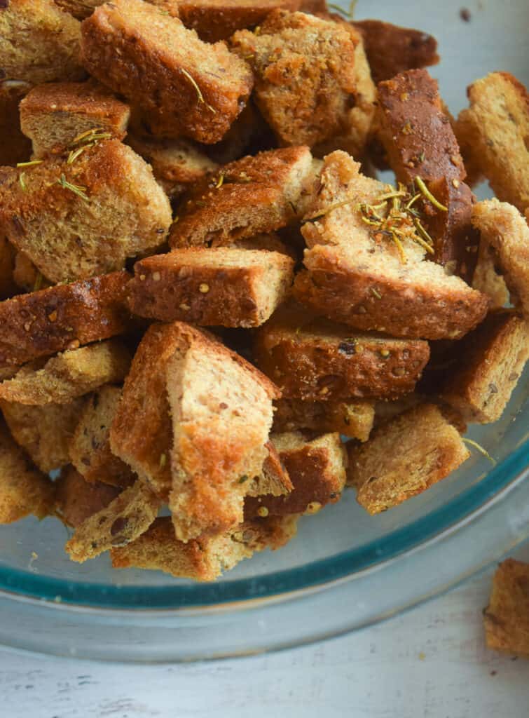 bowl with crunchy homemade whole grain croutons