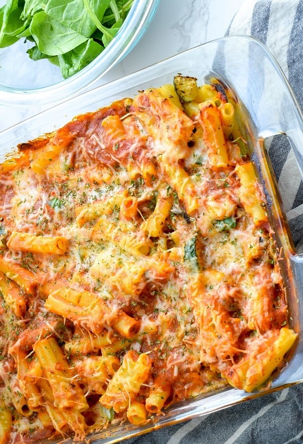 veggie pasta bake in clear bowl