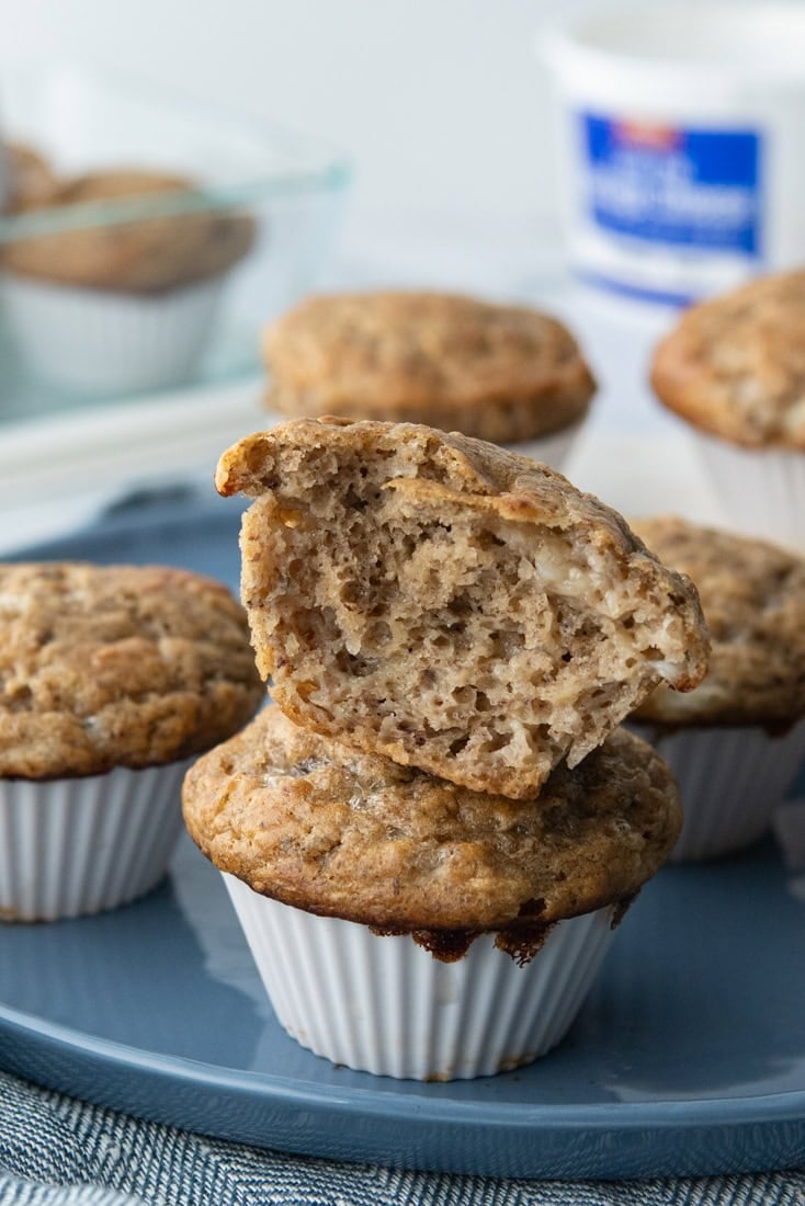 Freshly baked homemade cottage cheese banana muffins on a plate