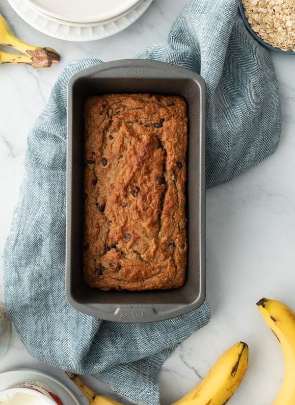 Greek yogurt Banana bread in a loaf pan.