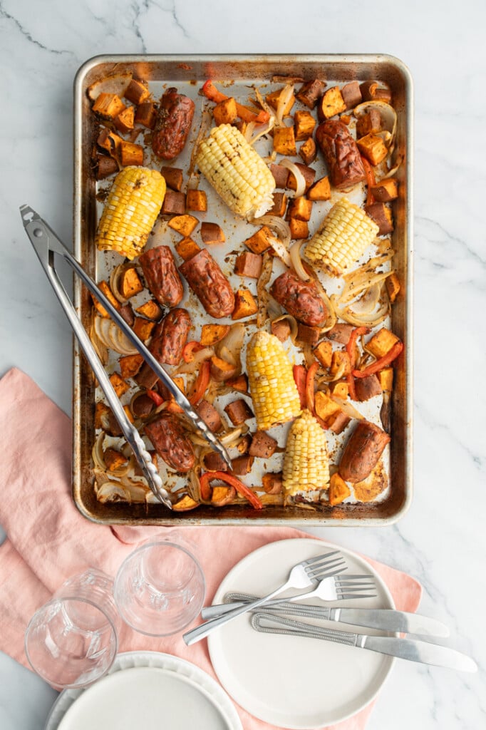 sheet pan sausage and veggies with corn and sweet potatoes