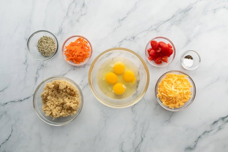 ingredients on countertop to make quinoa and egg muffins
