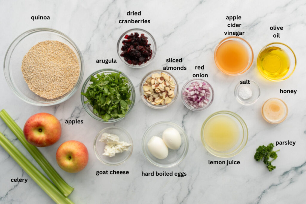 granite countertop with ingredients for apple cranberry quinoa salad