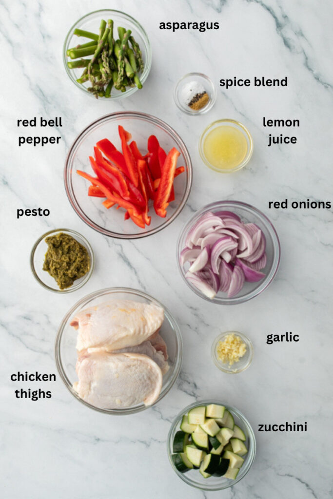 ingredients for sheet pan chicken thighs with veggies