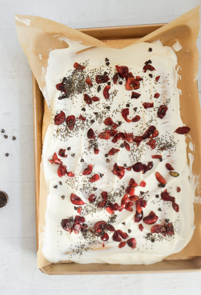 frozen yogurt bark with cherries, chia seeds and chocolate
