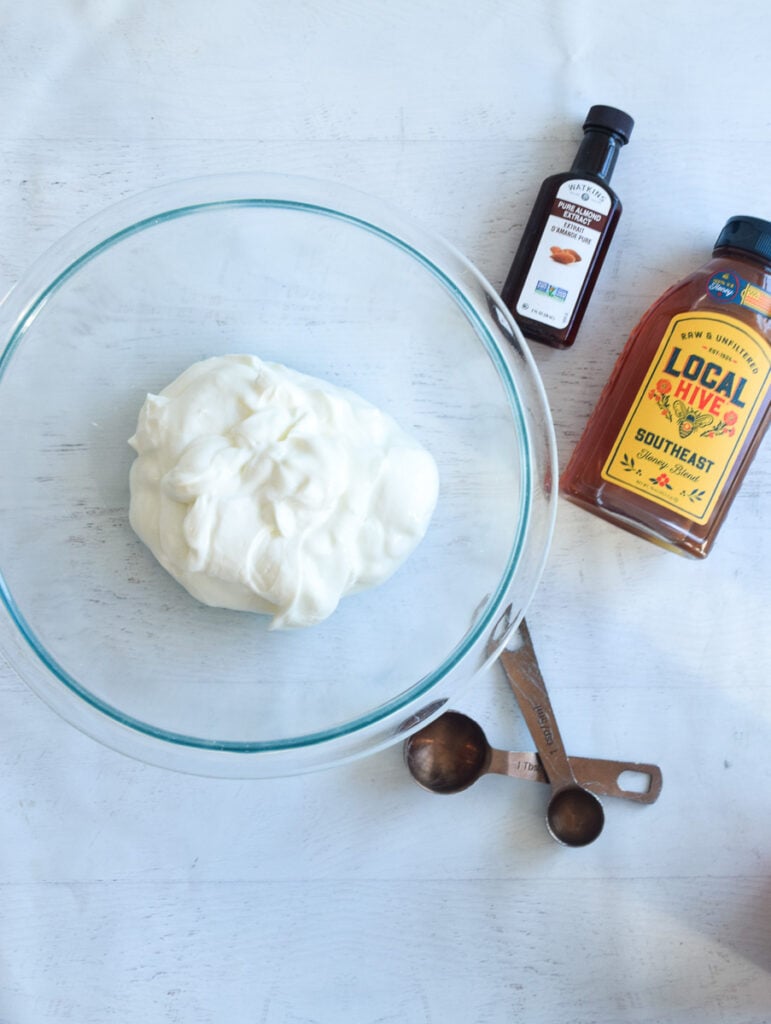 ingredients for greek yogurt frozen bark mixed in mixing bowl