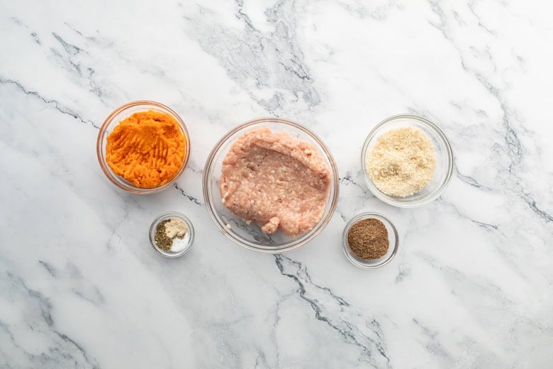 ingredients in glass bowls to make sweetpotato chicken nuggets
