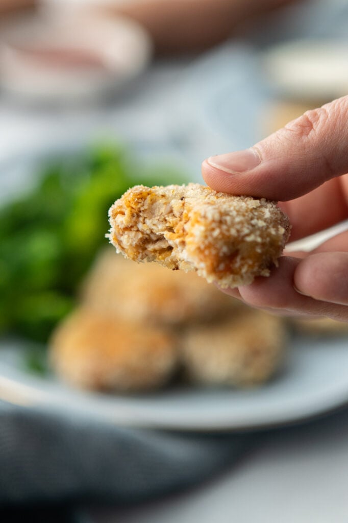close up of chicken nuggets made with sweetpotatoes.
