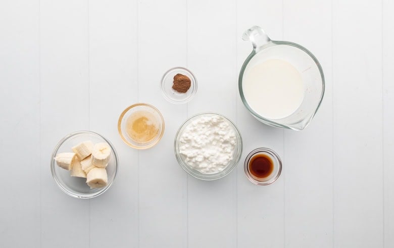 Ingredients on countertop for cottage cheese milkshake