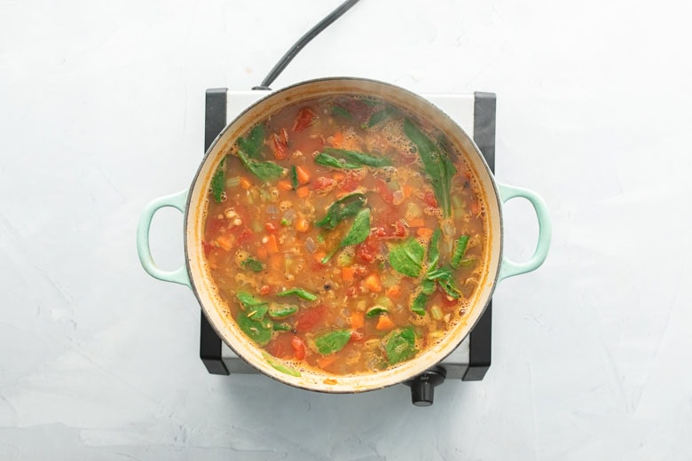 Add the spinach in last to your barley vegetable soup once the lentils and barley have softened. 