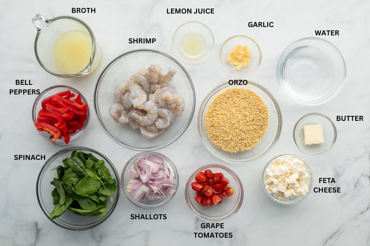 Here are the ingredients you need to make this quick lemon feta orzo with shrimp. 