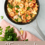 lemon shrimp orzo recipe on Pinterest with photos and text