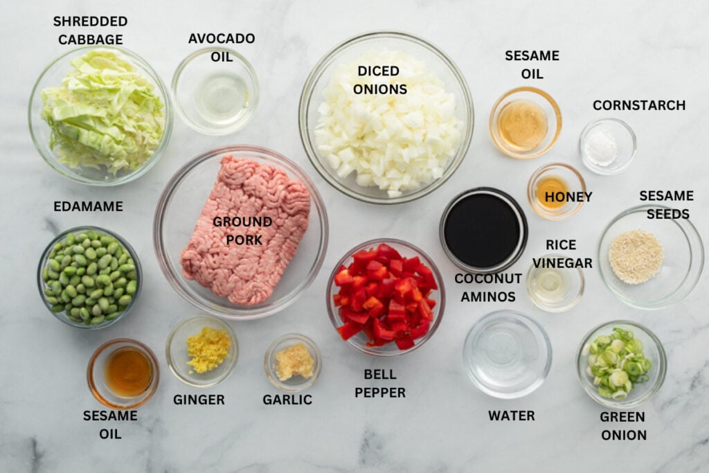 Assorted vegetables, ground pork, and seasonings arranged for a delicious, easy-to-make stir fry recipe.