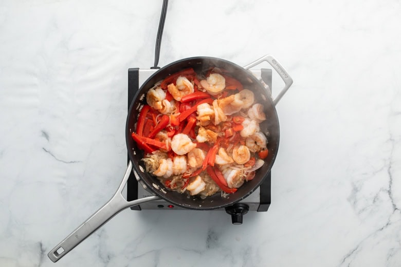shrimp, red bell peppers and tomatoes for lemon orzo with shrimp dish