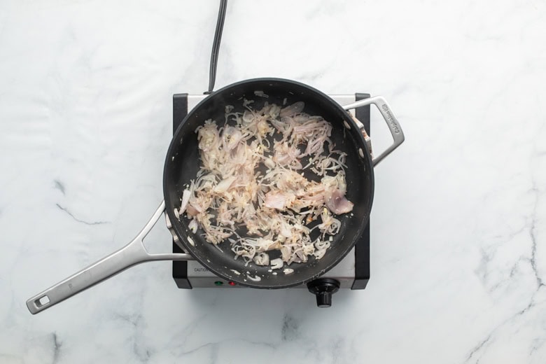 sauteed shallots and garlic for lemon shrimp orzo