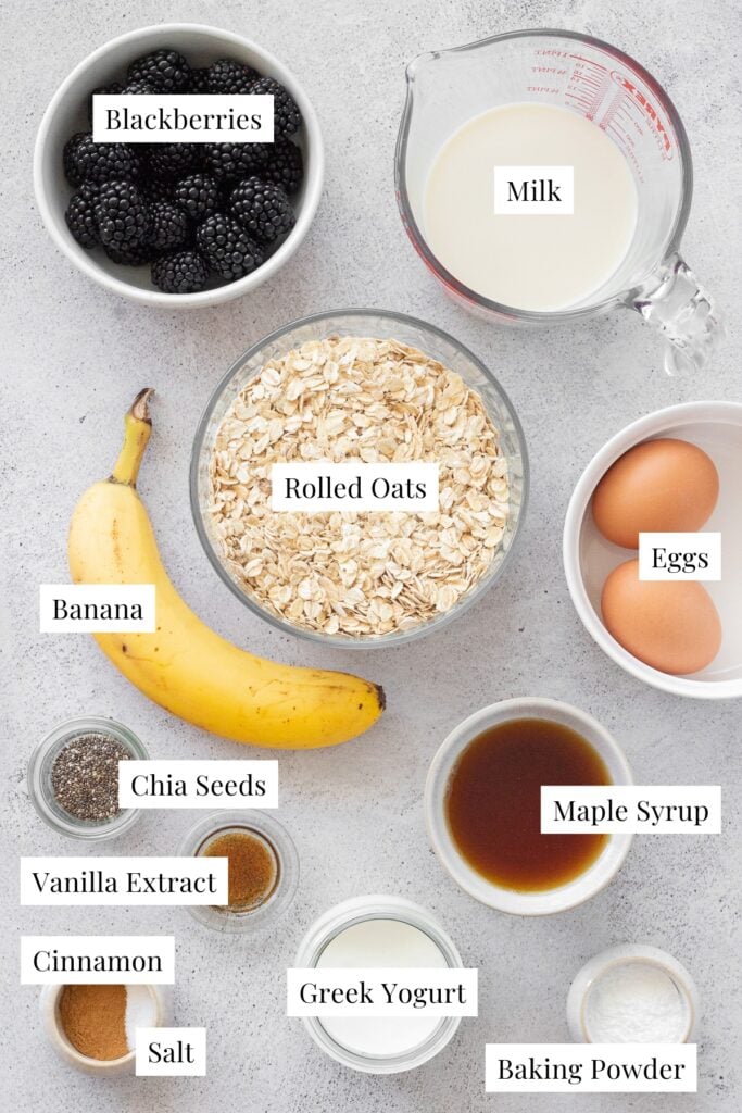 Image of labeled ingredients for blackberry oatmeal bake