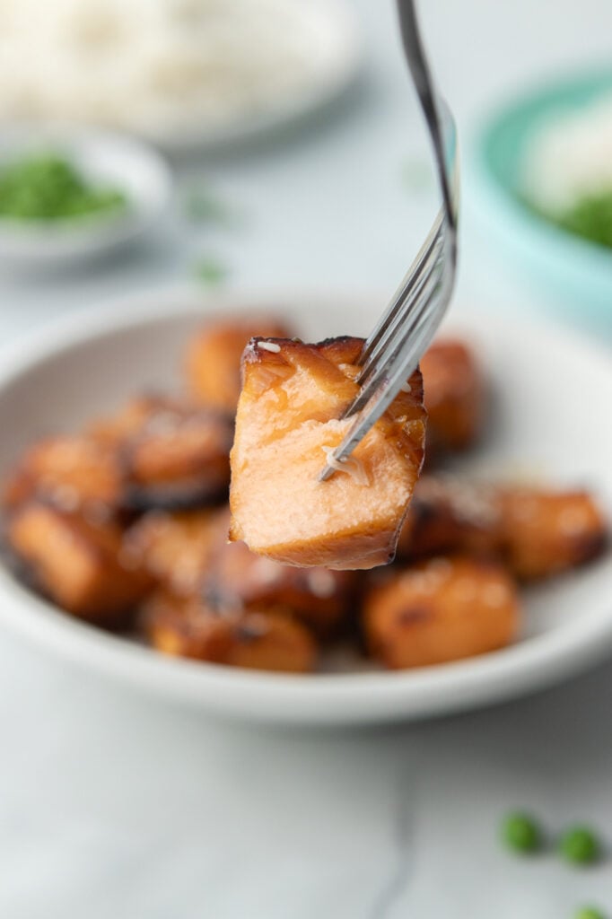 salmon bite on fork