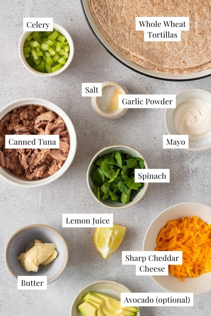 Labeled ingredients for tuna quesadillas