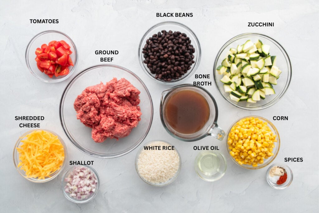 Ingredients for beef and rice skillet