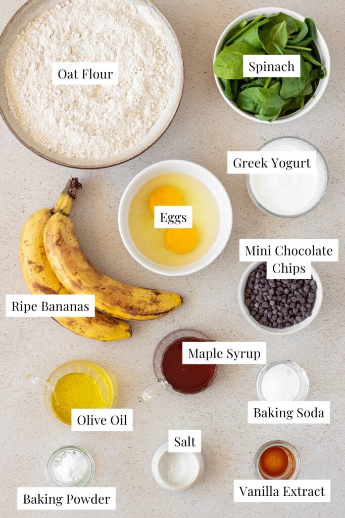 labeled ingredients for banana and spinach muffins
