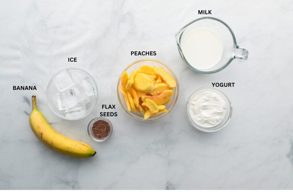 labeled ingredients for banana and peach smoothie