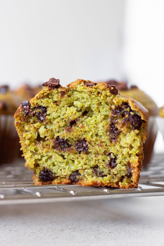 close up of inside of banana spinach muffins with chocolate chips