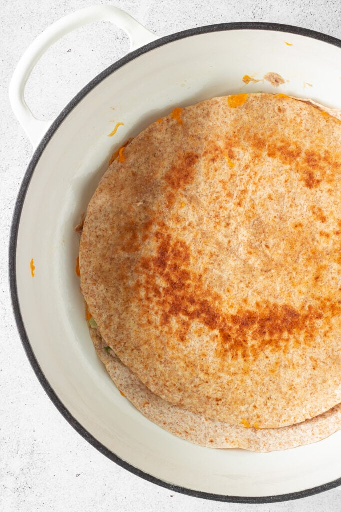Tuna melt quesadilla with 2nd tortilla on top