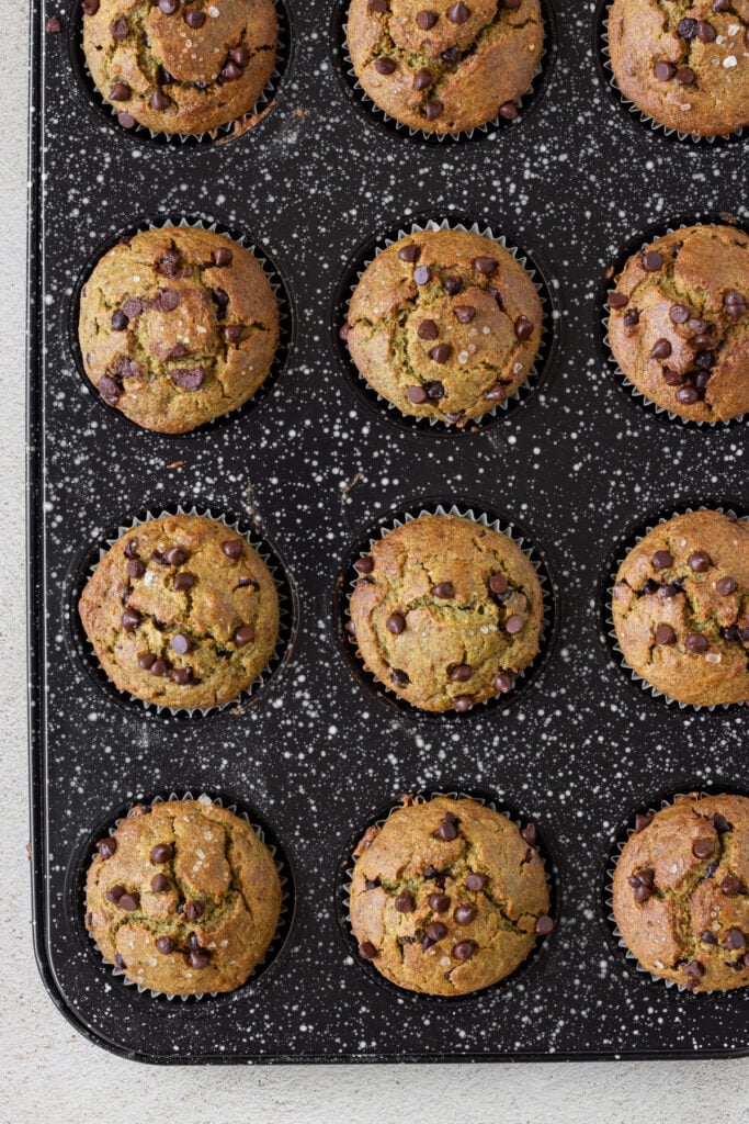 banana muffins with spinach and chocolate chips after baking. 