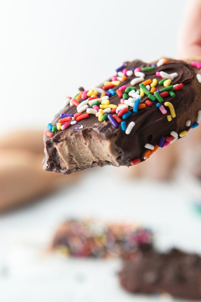 Chocolate pudding popsicle topped with colorful sprinkles.