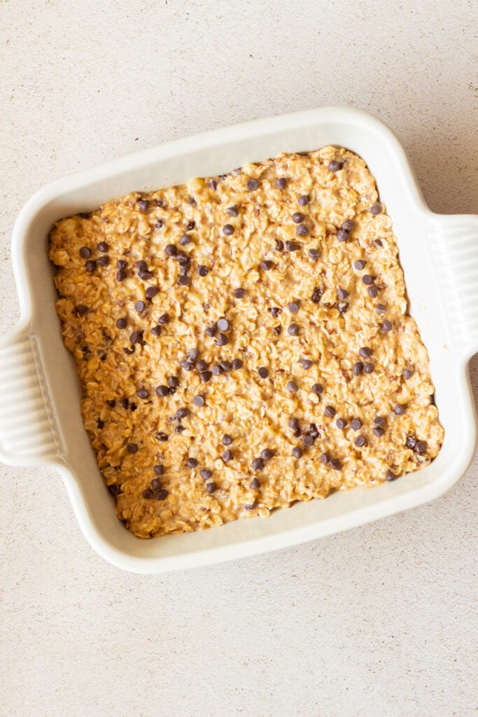 mixture for banana oat chocolate chip bars before baking