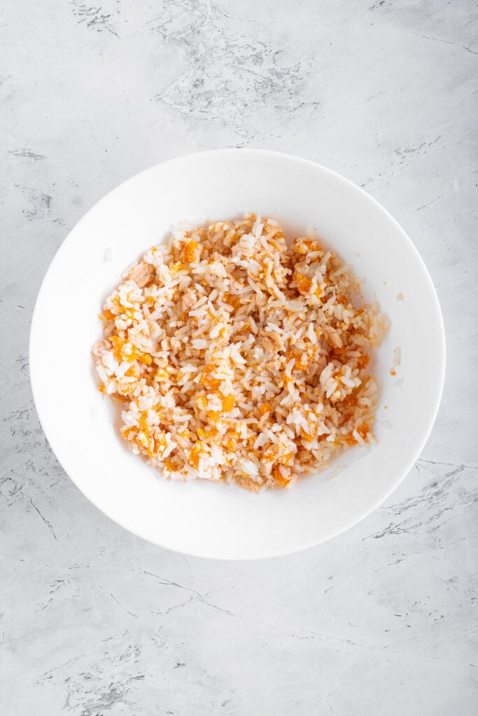 canned salmon, sweetpotato puree and white rice mixed together in white mixing bowl.