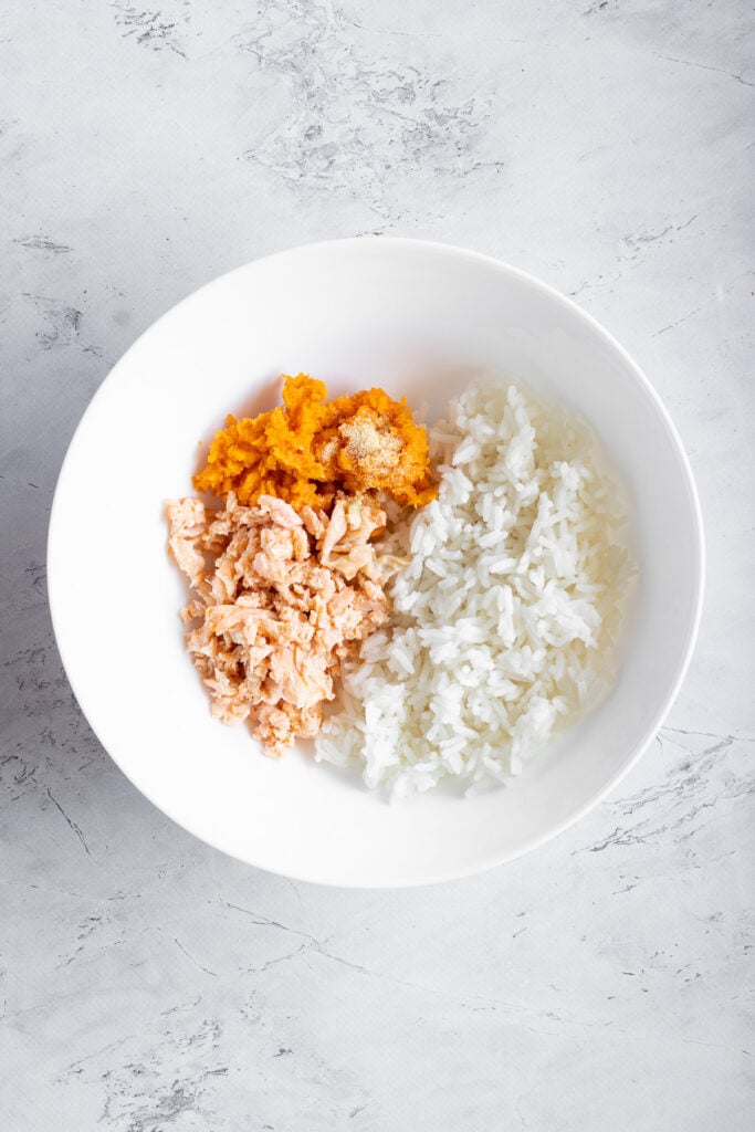 key ingredients in white bowl for salmom rice balls