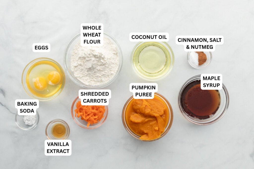 Labeled Baking ingredients including eggs, flour, coconut oil, carrots, pumpkin puree, and spices.