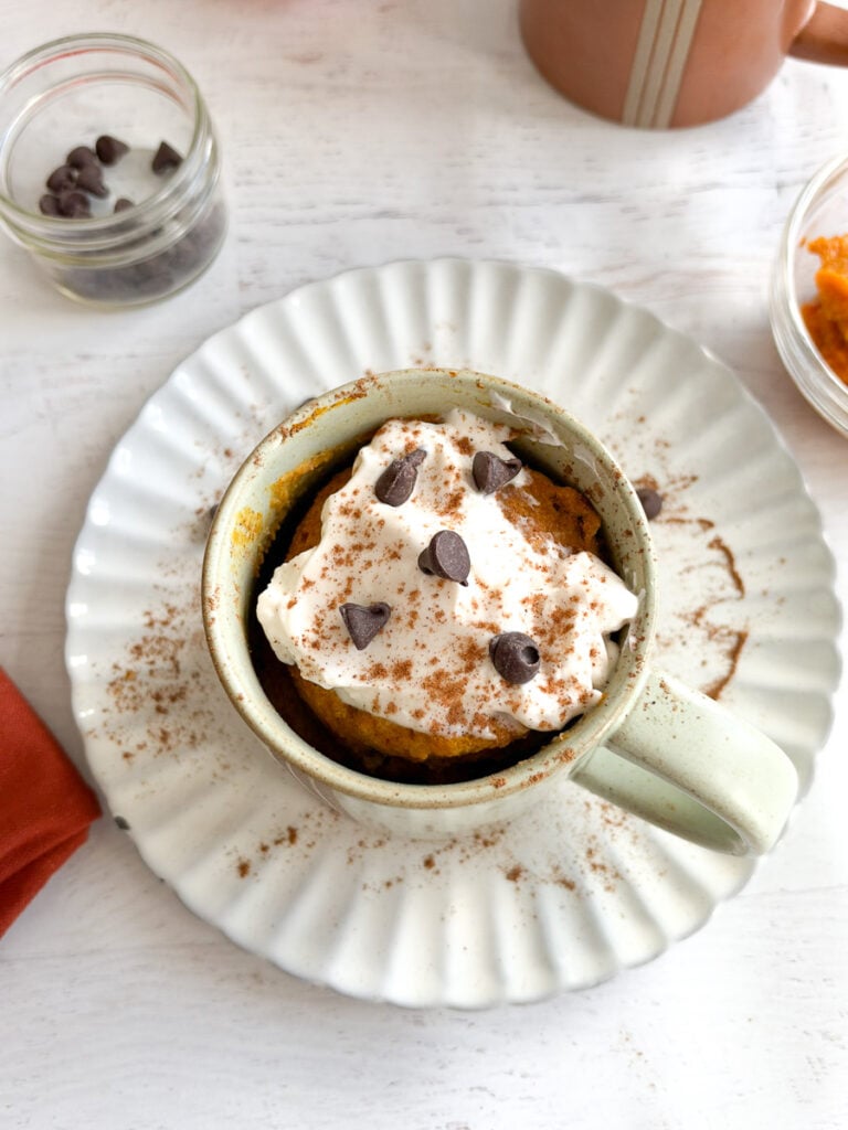 Pumpkin mug cake topped with yogurt and chocolate chips.