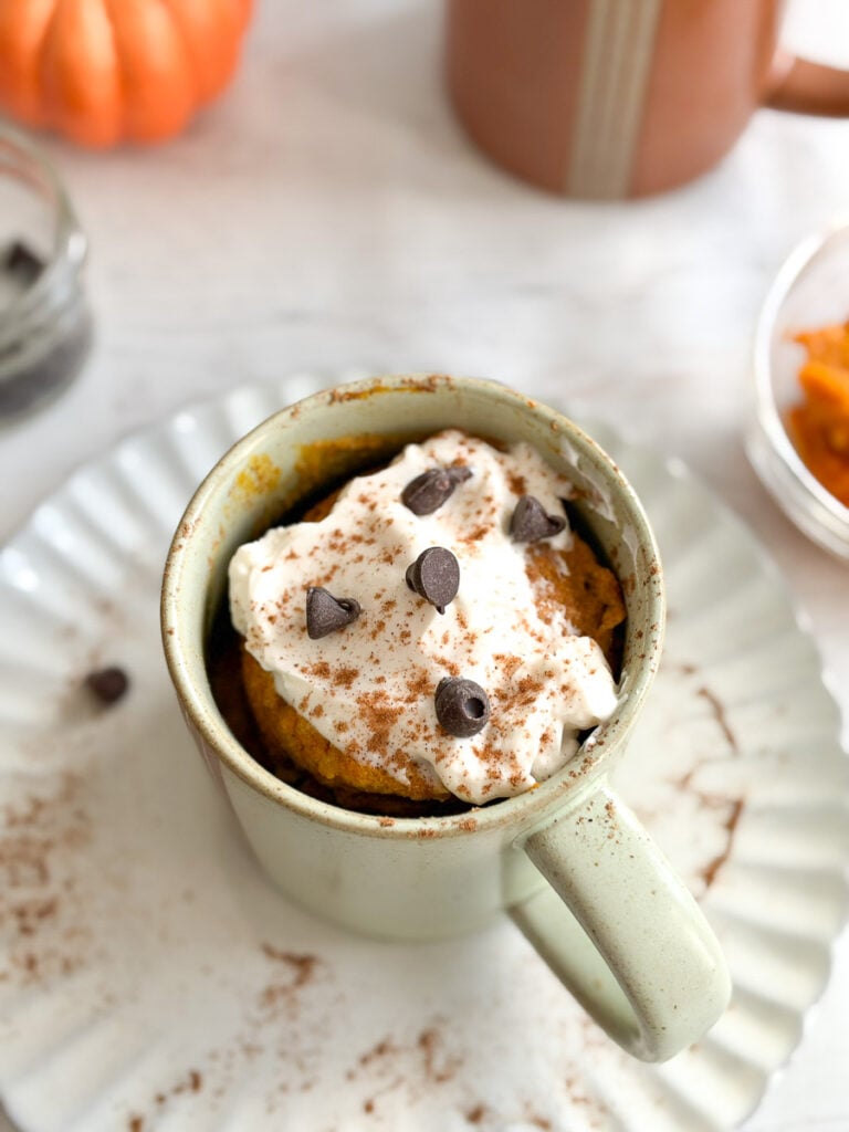 pumpkin mug cake with yogurt and chocolate chips on top on white serving plate
